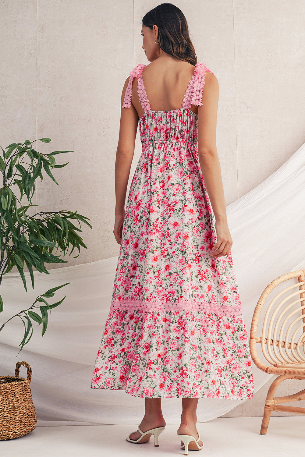 Trendy Pink Empire Waist Floral Maxi Dress back view
