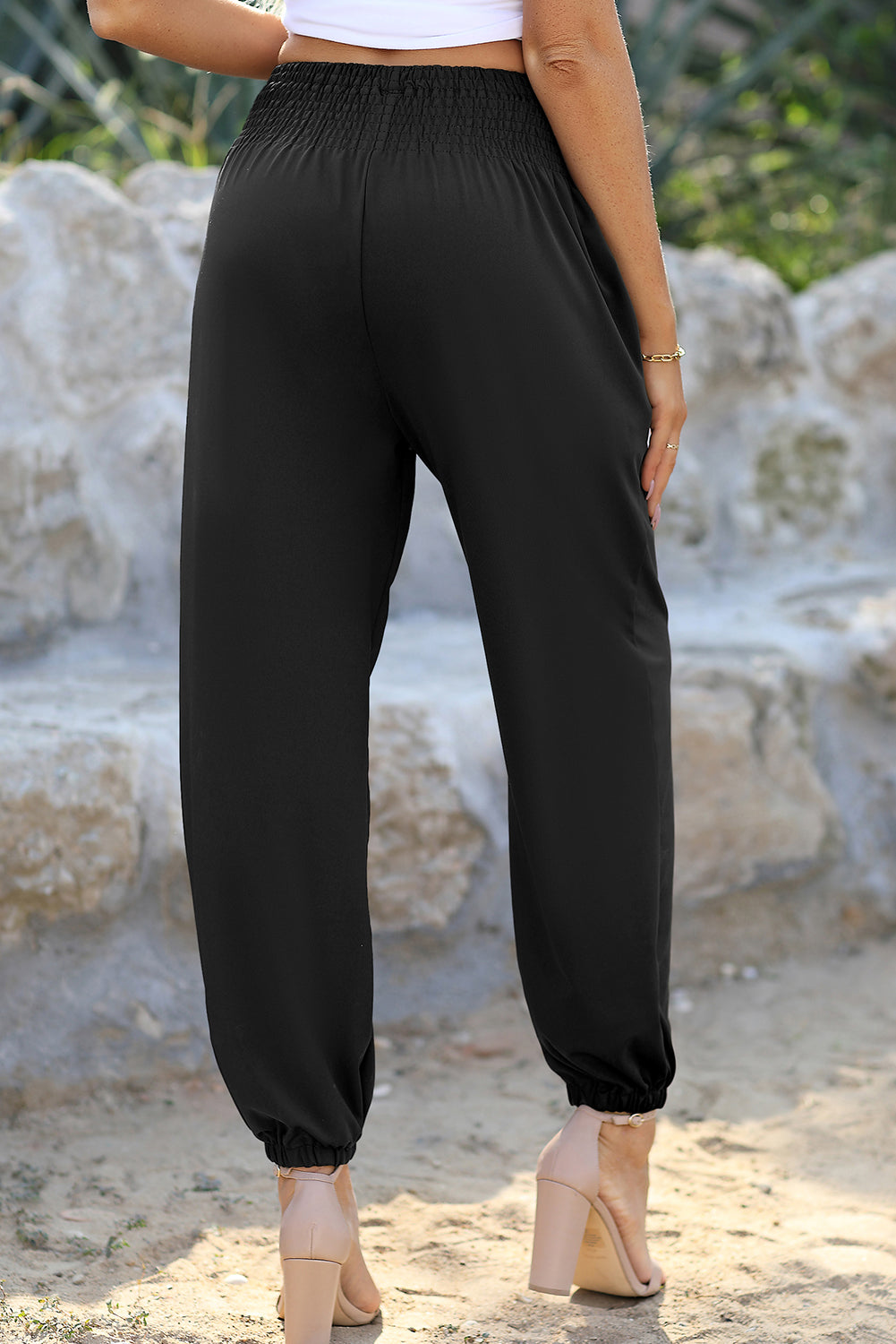 Black Women's Shirred Smocked High Waist Fashionable Joggers – back view
