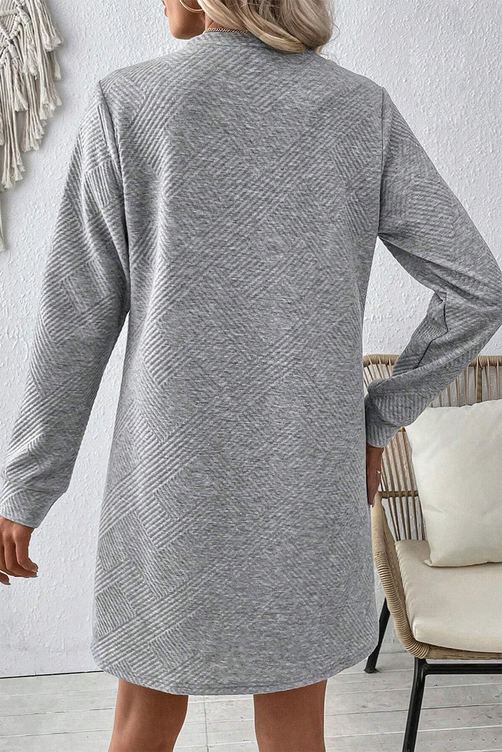 Casual Gray Textured Long Sleeve Shift Dress back view