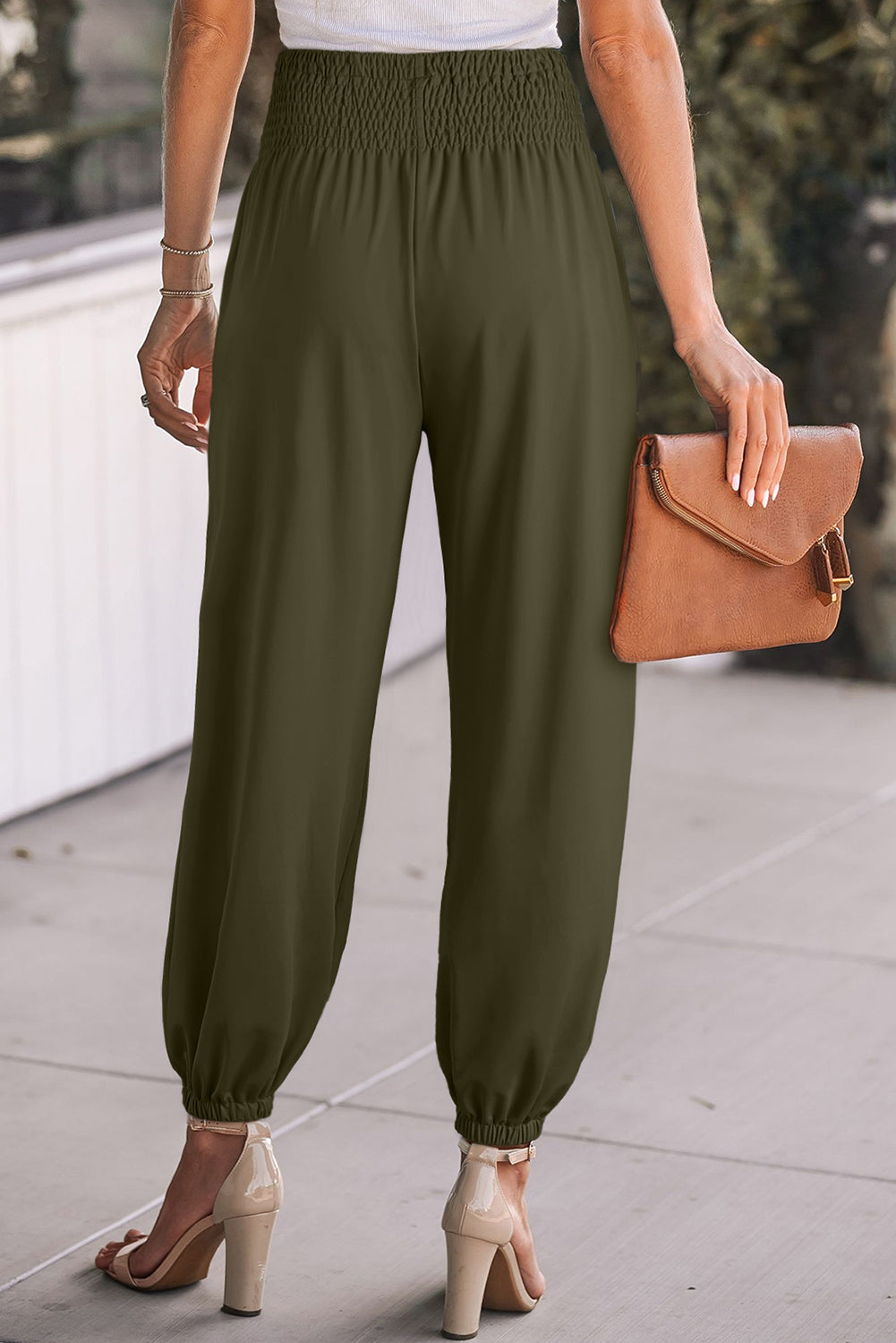 Green Lady’s Shirred High Waist Fashionable Joggers – back view