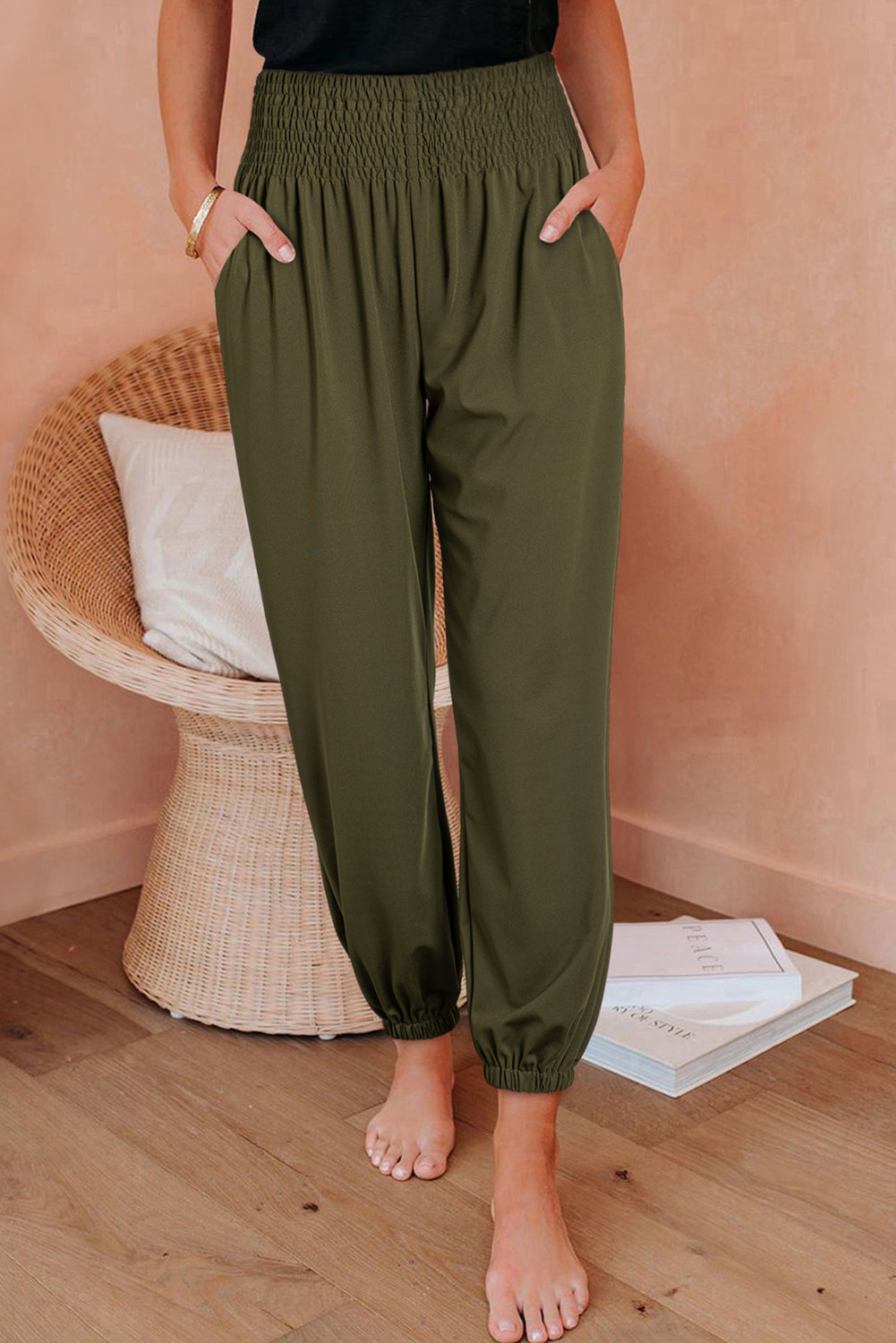 Lady’s Green Shirred Smocked High Waist Fashionable Joggers – front view