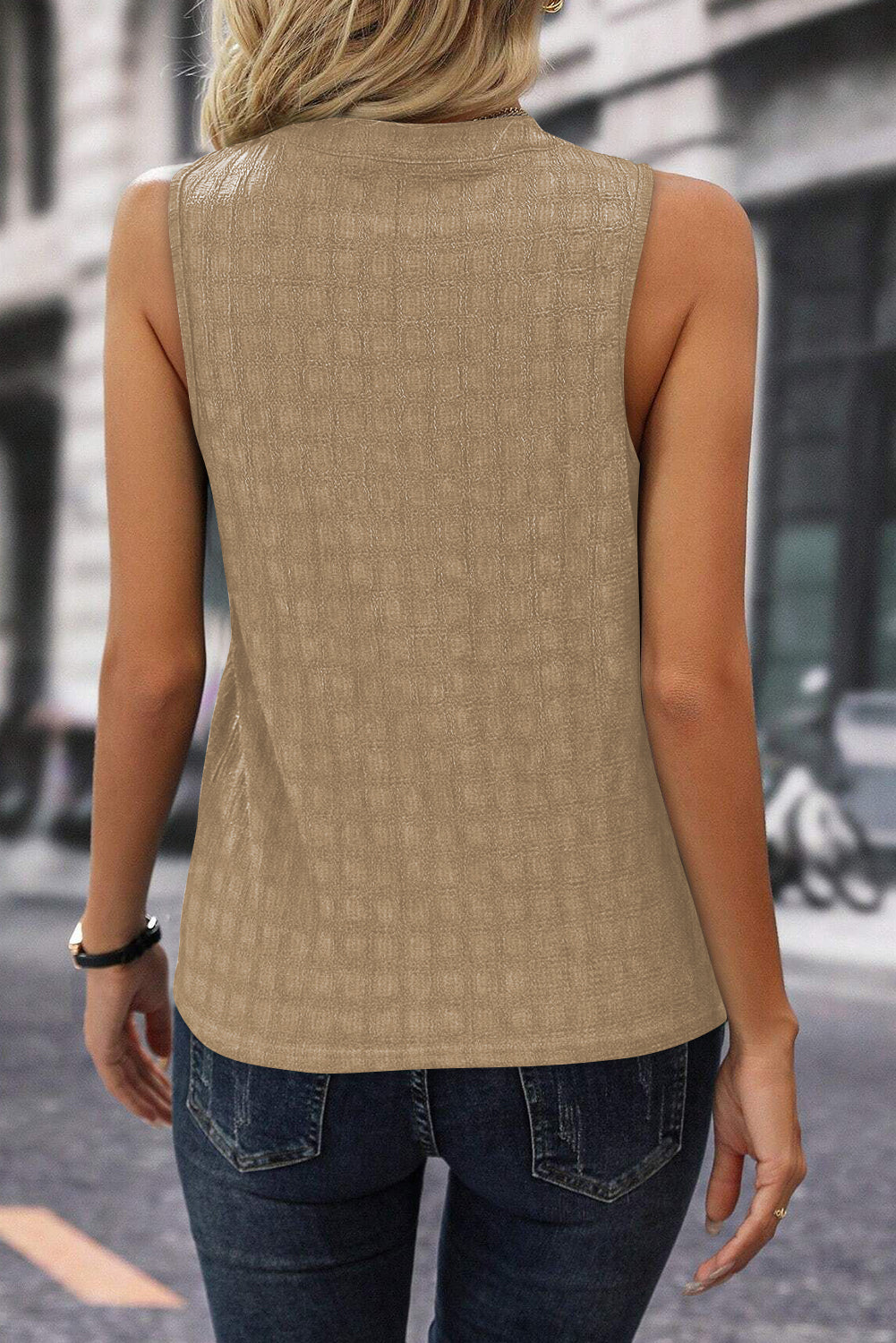 Textured Light French Beige Split V Neck Sleeveless Women's Tank top back view