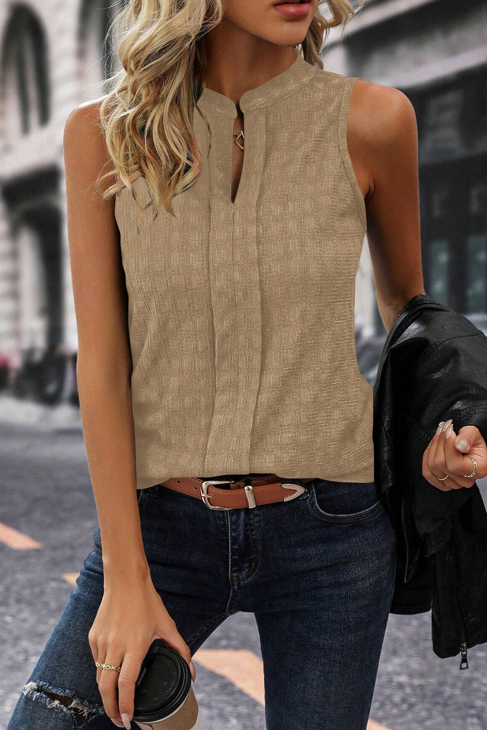 Textured Split V Neck Women's Light French Beige Sleeveless Tank top front view