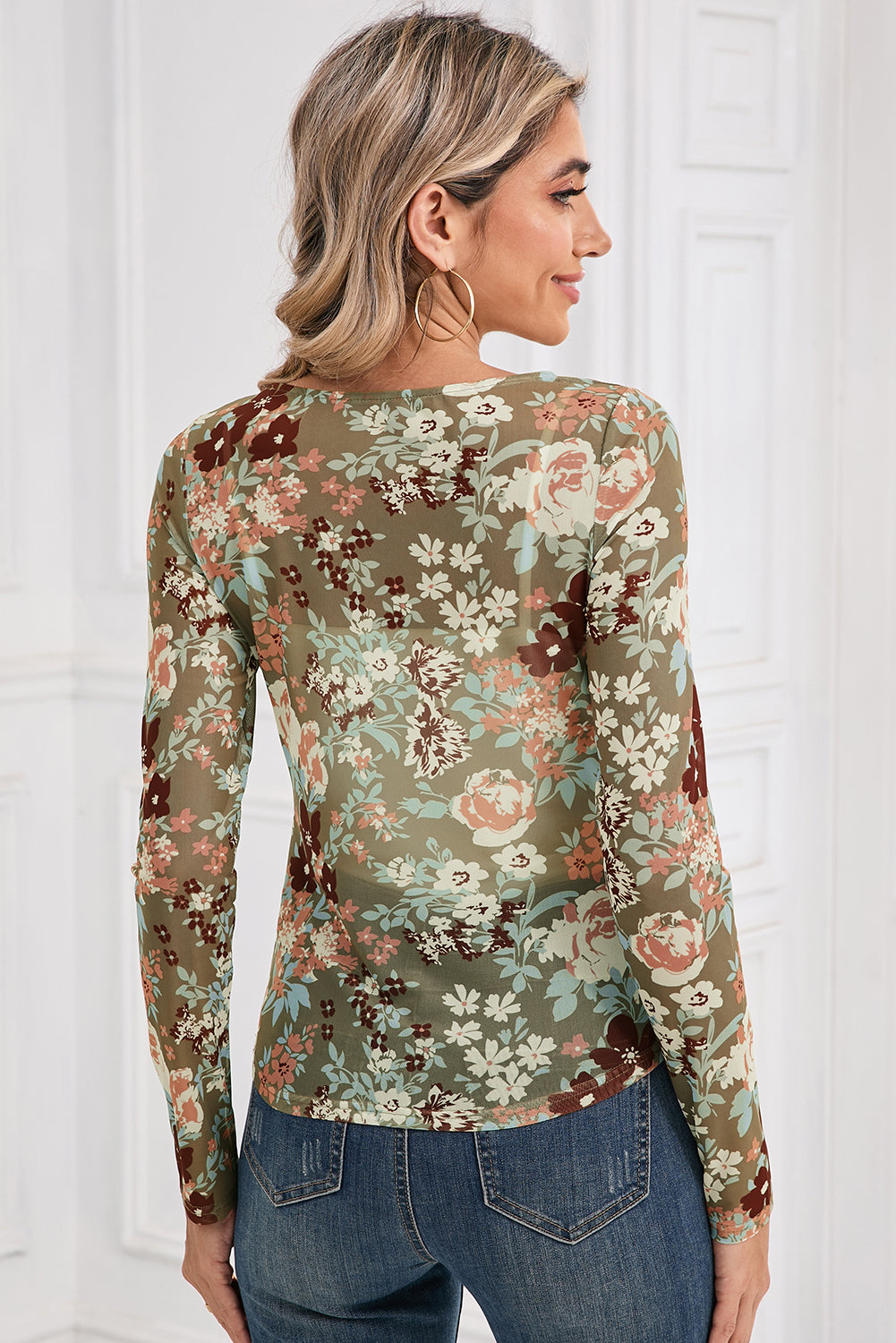 Luxurious Green Green Floral Mesh Top back view