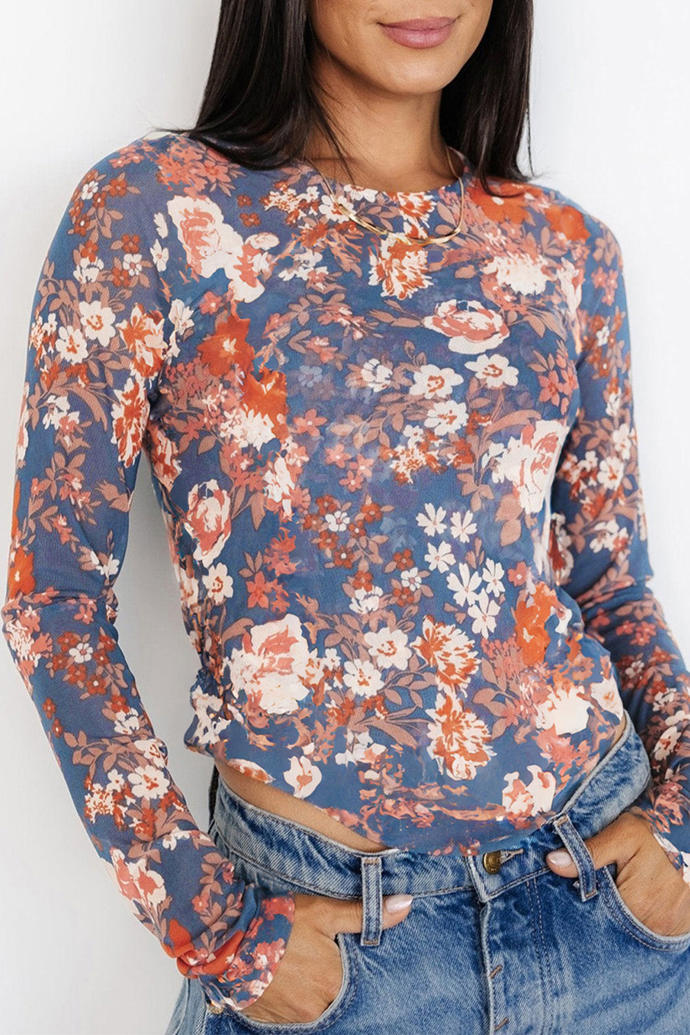 Luxurious Women's Orchid Petal Floral Mesh Top closeup view