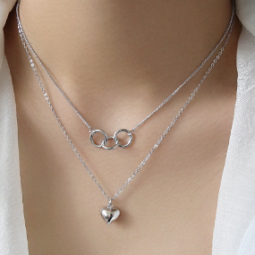 Model wearing Double Circles Heart Love 925 Sterling Silver Necklace