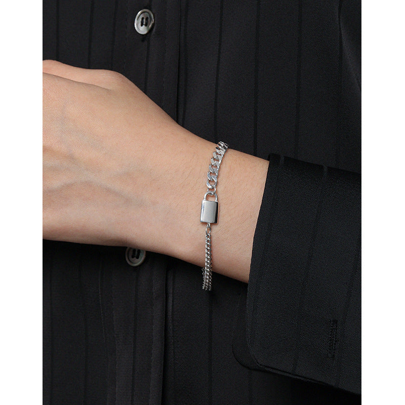 Model wearing ot curb chain 925 SS rhodium plated bracelet