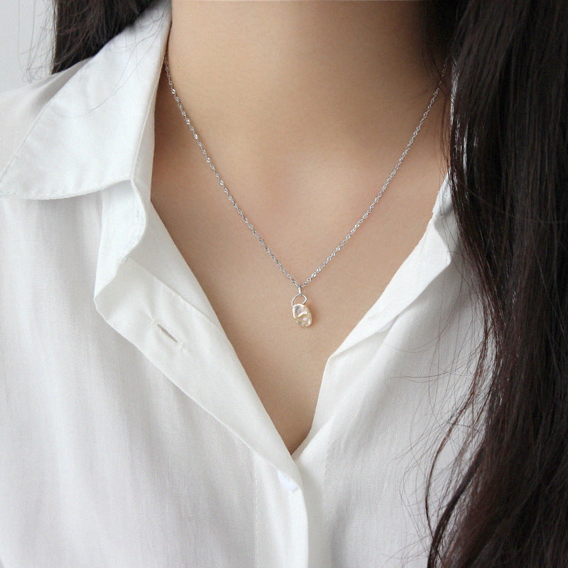 Model wearing Natural Irregular Pearl 925 Sterling Silver Necklace