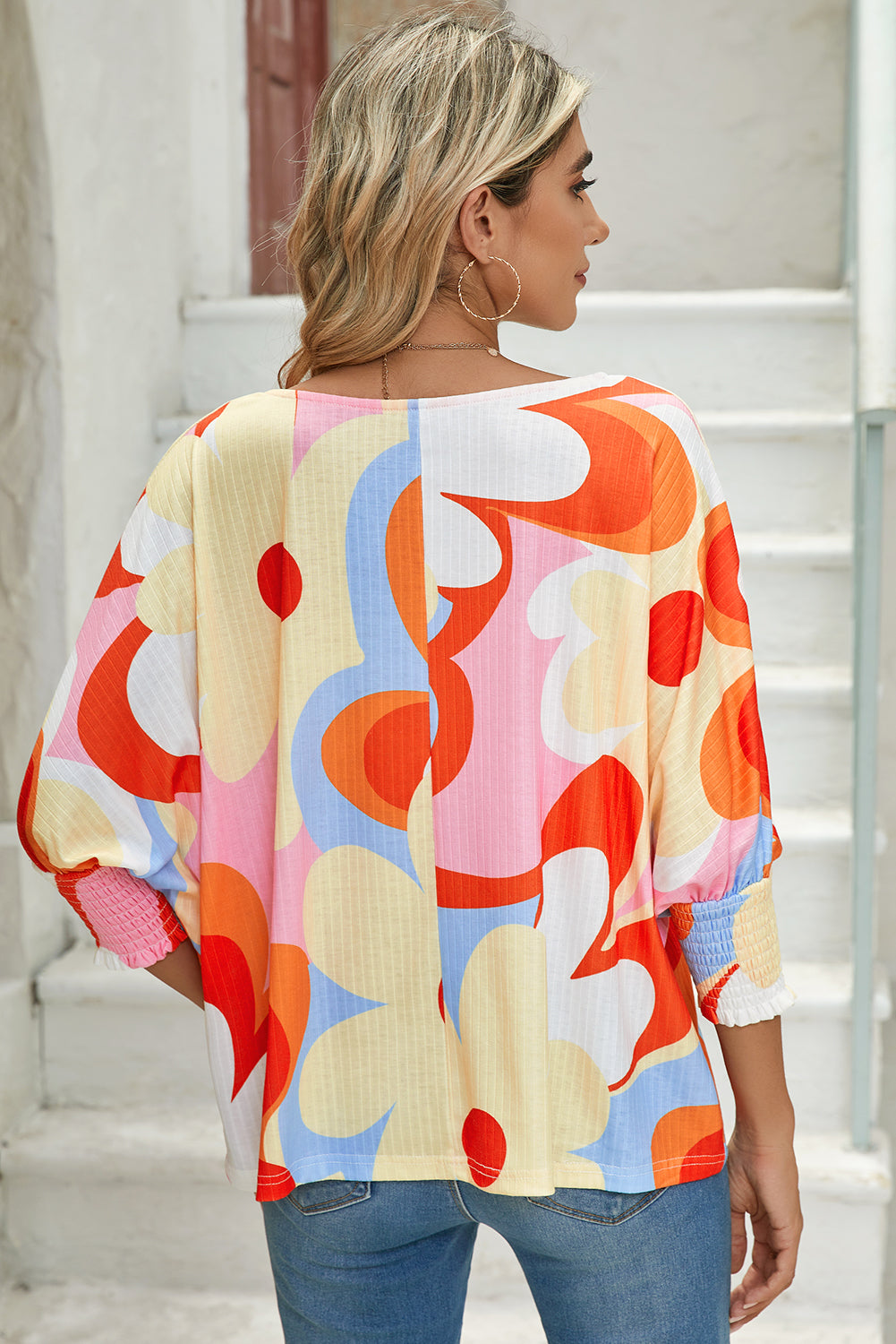 Modern Hippie Woman's Colorful Floral Print Ribbed Dolman Blouse back view