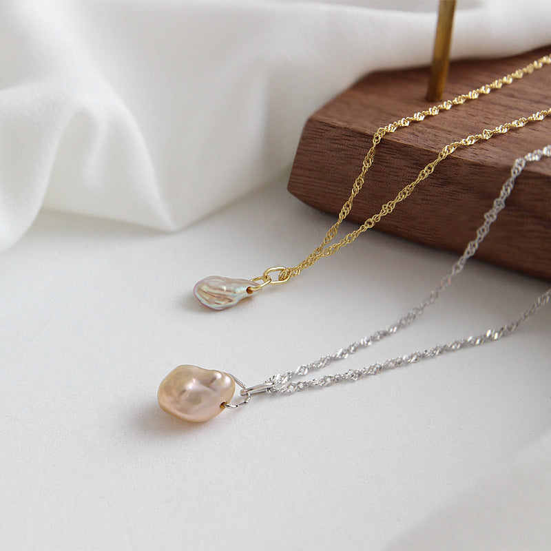 Silver & Gold Natural Irregular Pearl 925 Sterling Silver Necklace