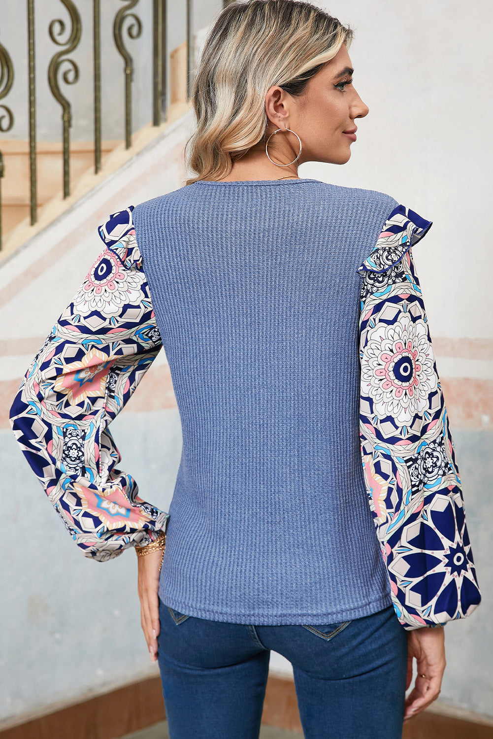 Women's Modern Retro Ruffle Floral Sleeve blue Blouse back view