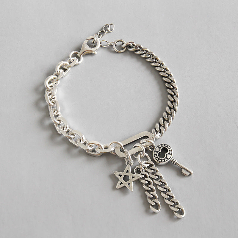 Curb Chain Star Key Tassels 925 Sterling Silver Bracelet close up