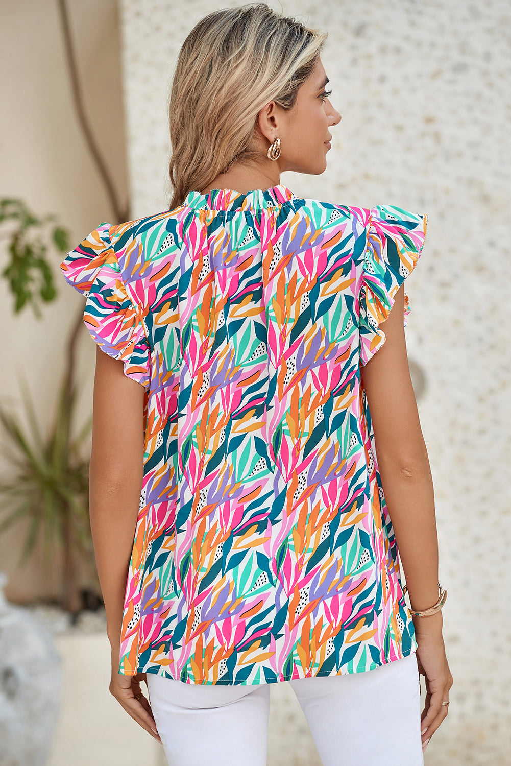 Stylish Rose Red Abstract Print Blouse back view