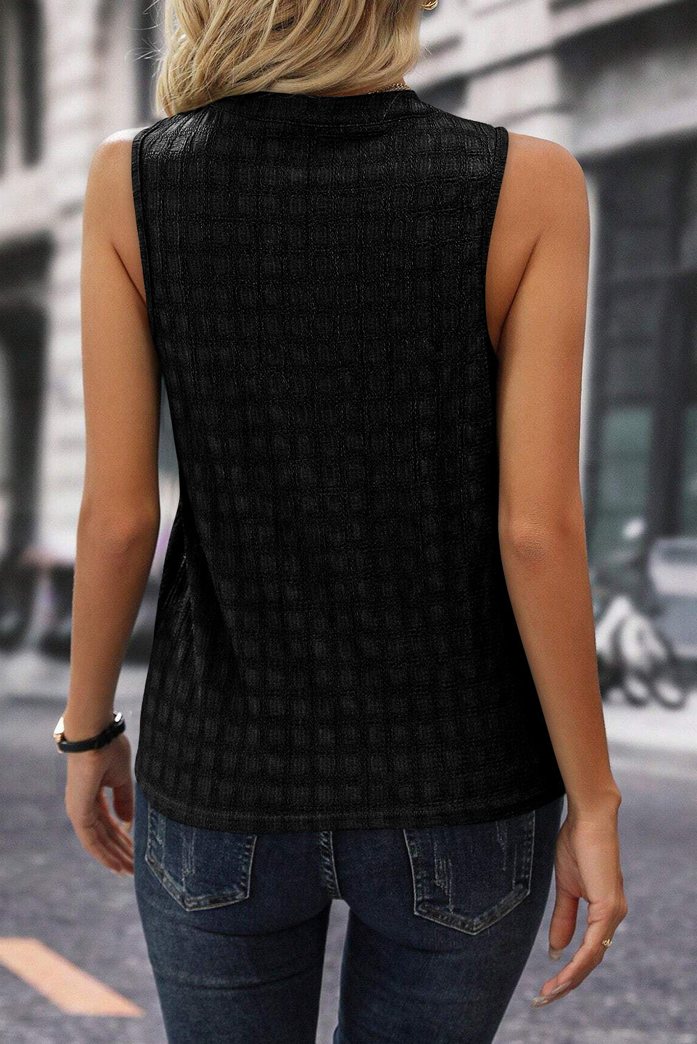 Black Textured Split Lady's V Neck Sleeveless Shirt back view