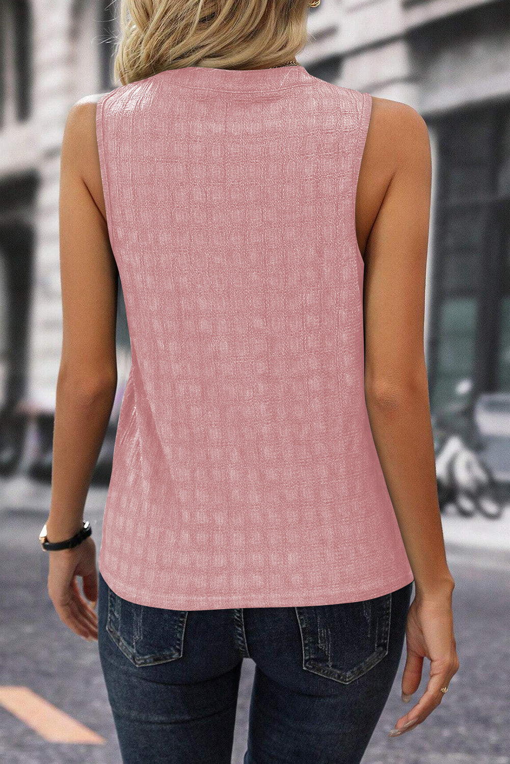Pink Chic Textured Split Lady's V Neck Sleeveless Tank top back view