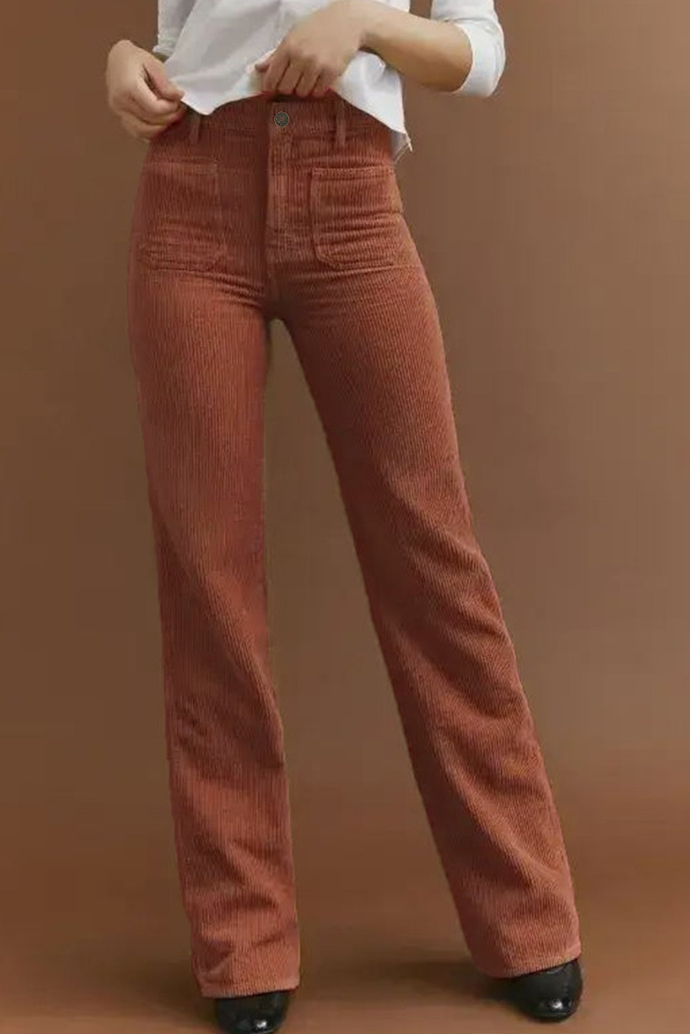 Front view Trendy Brown High Waist Corduroy Flare Pants for Women