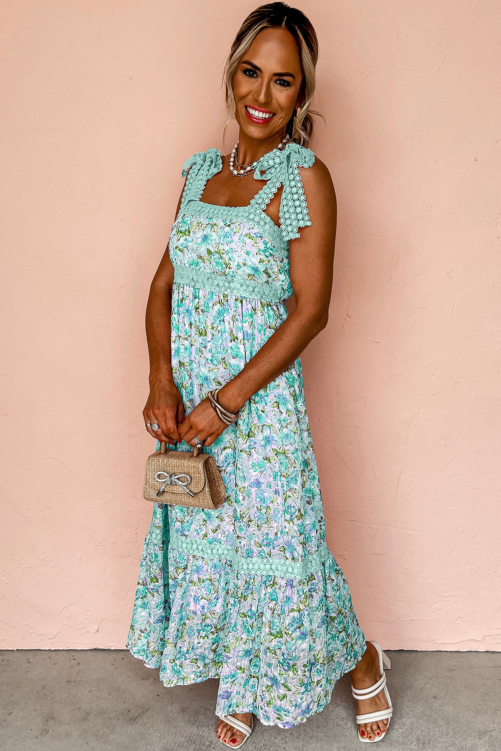 Model wearing a Green Women's Lace Strap Empire Waist Floral Maxi Dress