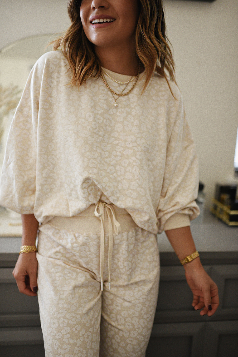 White Cheetah Print Loose Fit Cozy 2-Piece Loungewear Set close up view