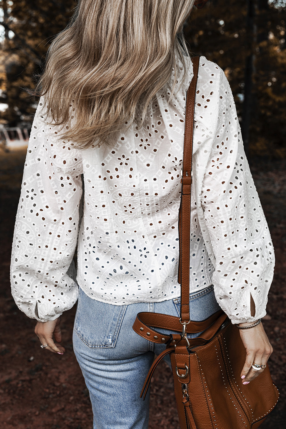 Chic White Eyelet Embroidered V Neck Blouse back view