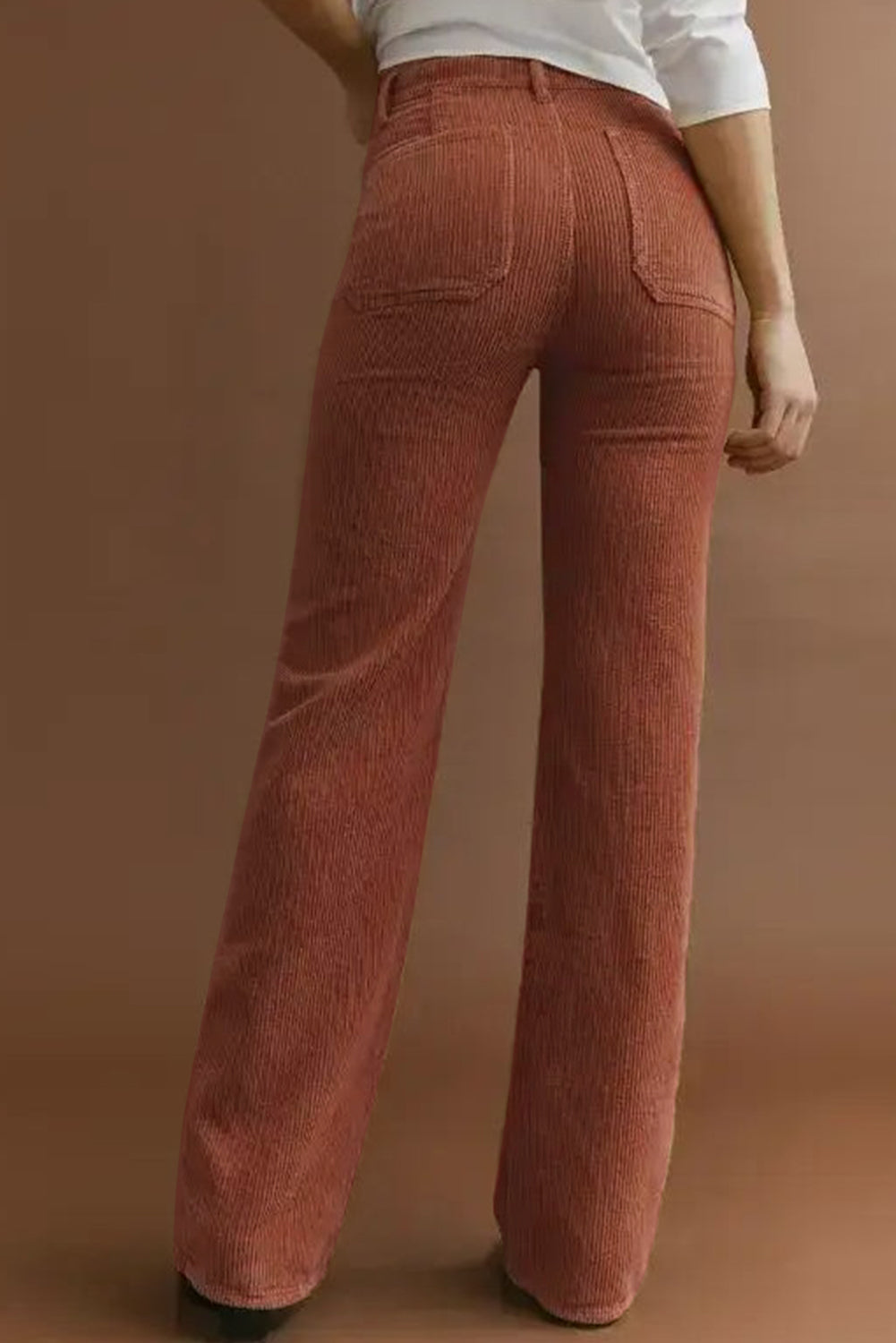 Back view Trendy Brown High Waist Corduroy Flare Pants for Women