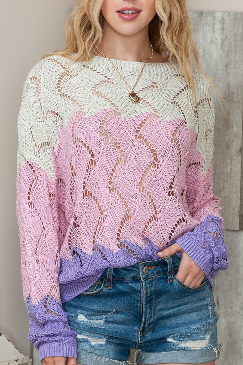 Women's Flirtatious Color Block Hollow Boat Neck Sweater