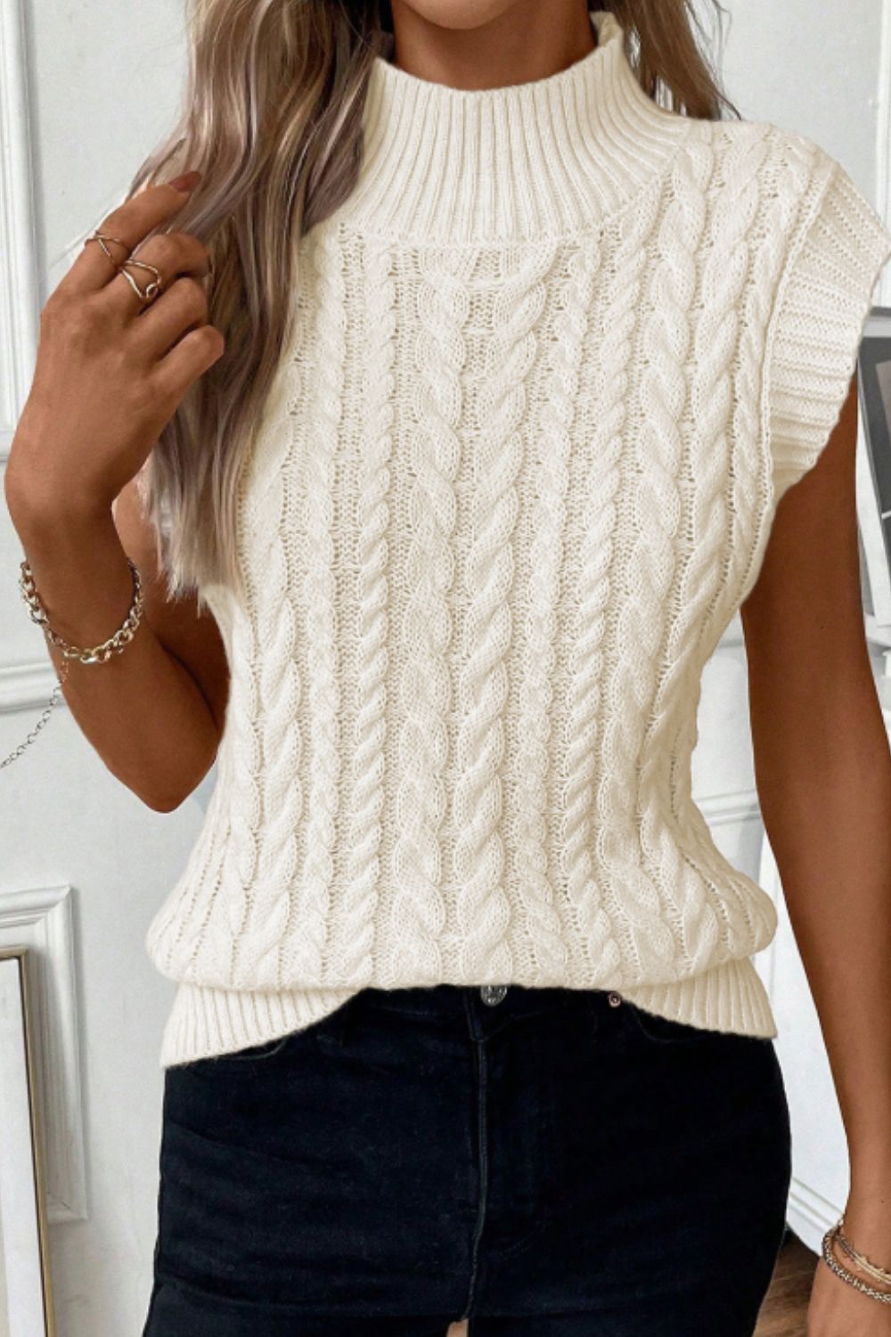 Front view of Women's Stylish Cable Knit Ivory Turtleneck Sweater Vest
