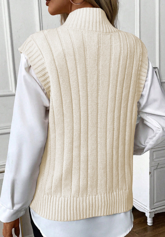 Model wearing a Women's Stylish Cable Knit Ivory Turtleneck Sweater Vest back view