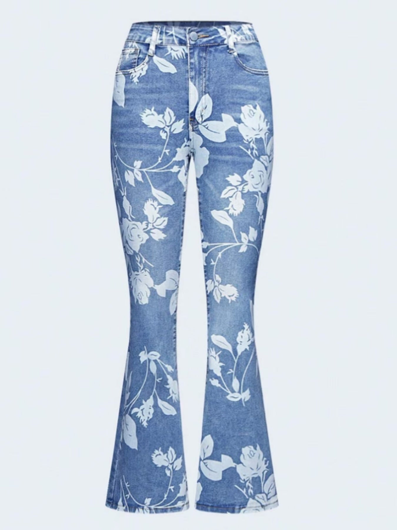 Flared jeans with floral pattern on a white background
