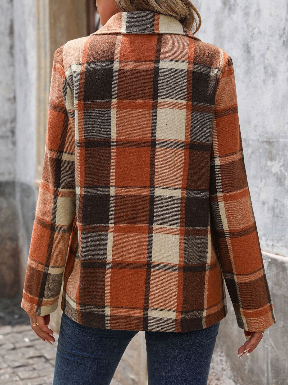 Back view of a Model wearing a Classic Women's Orche Plaid Button Down Lapel Collar Blazer