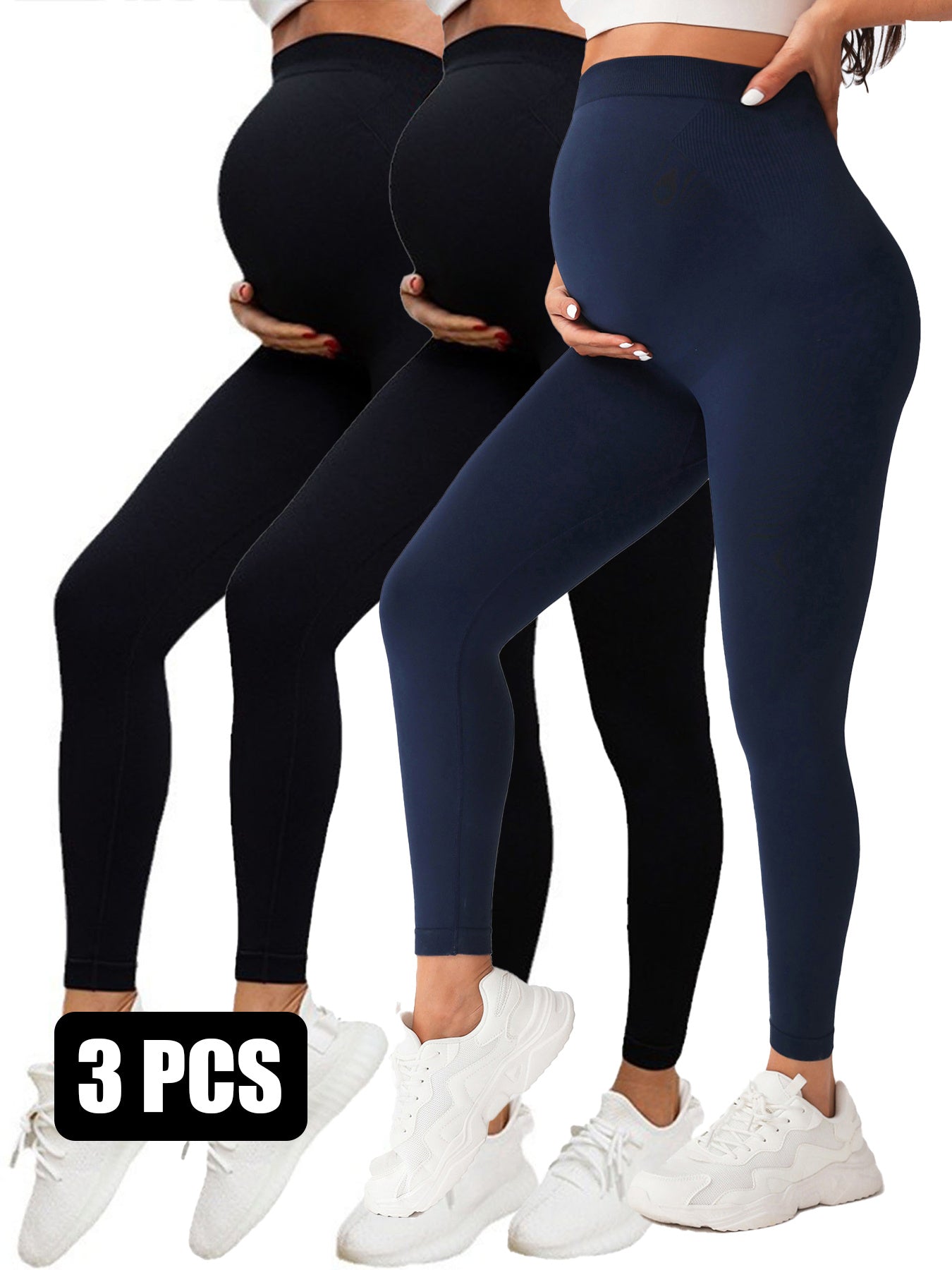 Three pairs of navy blue leggings worn by models on a white background