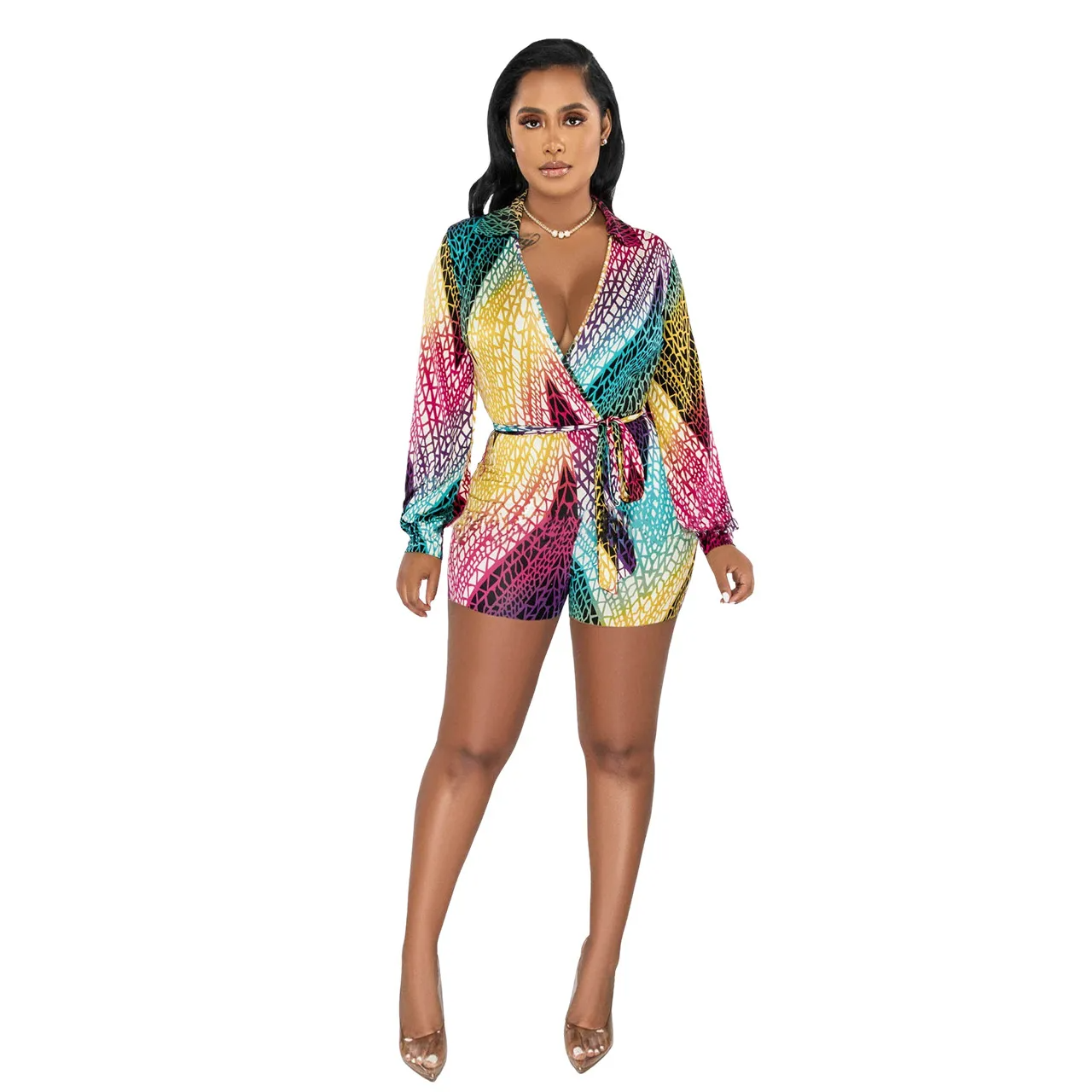 Women's Luxurious Deep V-Neck Multicolor Print Romper Shorts
