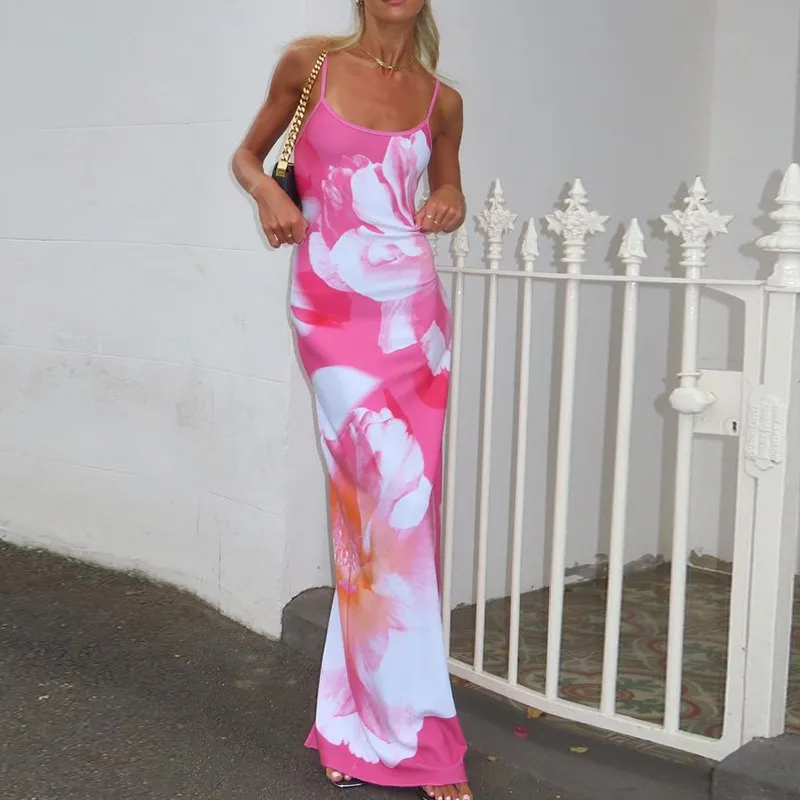 Women's Floral Print Slim Maxi Spaghetti Strap Dress