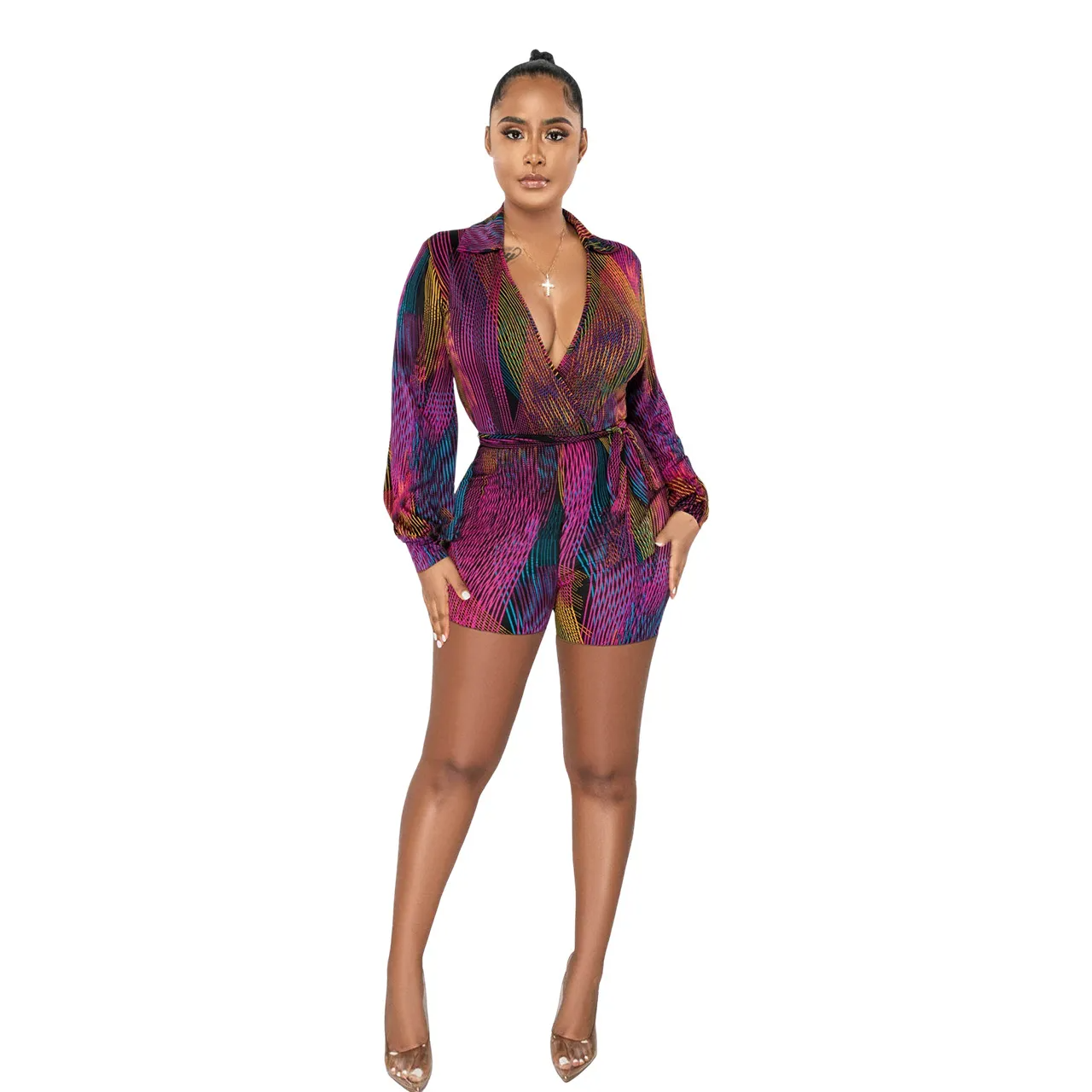 Women's Luxurious Deep V-Neck Multicolor Print Romper Shorts