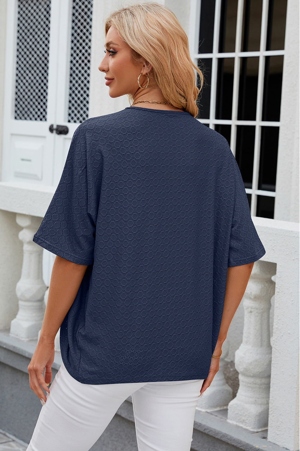 Back view of a model wearing a Dark Blue Chic Ladies Eyelet Open Front Half Sleeve Cardigan