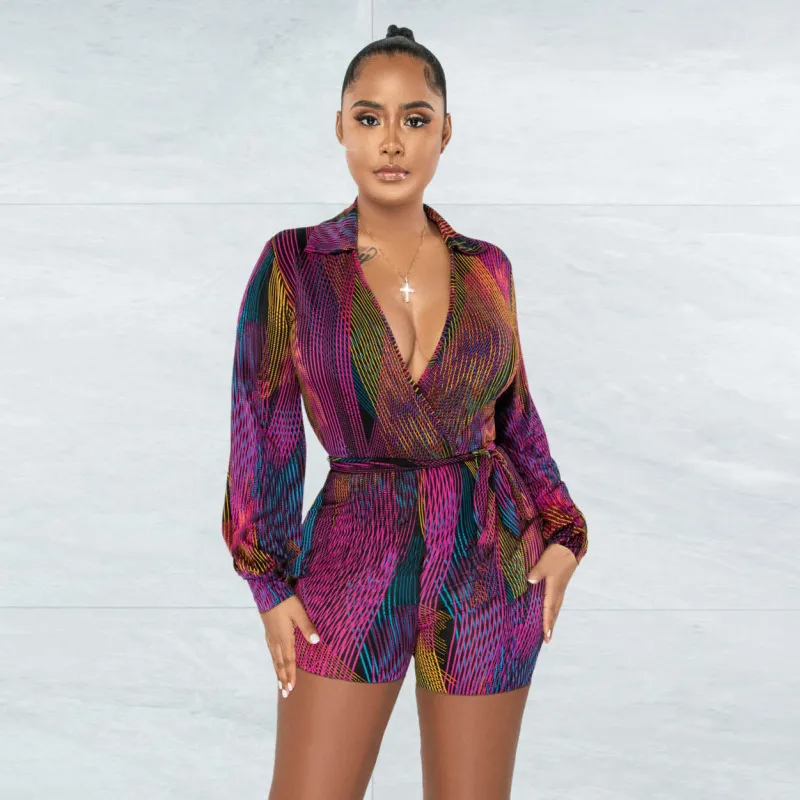 Women's Luxurious Deep V-Neck Multicolor Print Romper Shorts