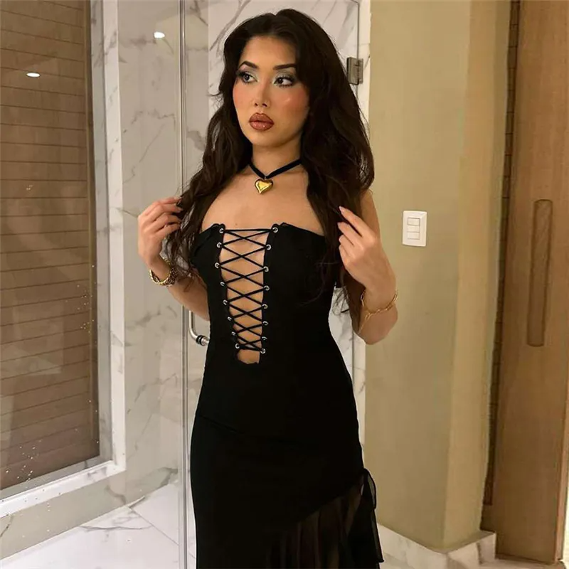 Women's Sexy Lace-Up Side Slit Maxi Dress