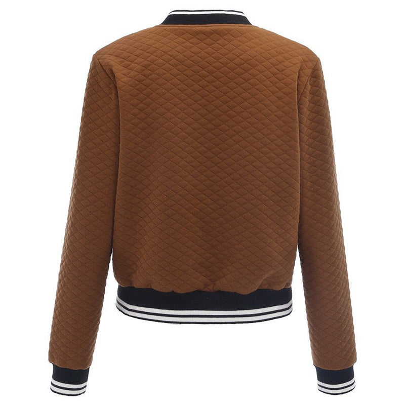 Brown quilted jacket with black and white striped cuffs on a white background