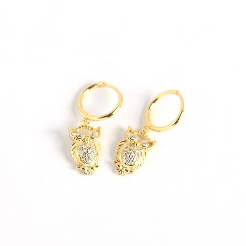 Animal CZ Owl 925 Sterling Silver Hoop Earrings gold plated