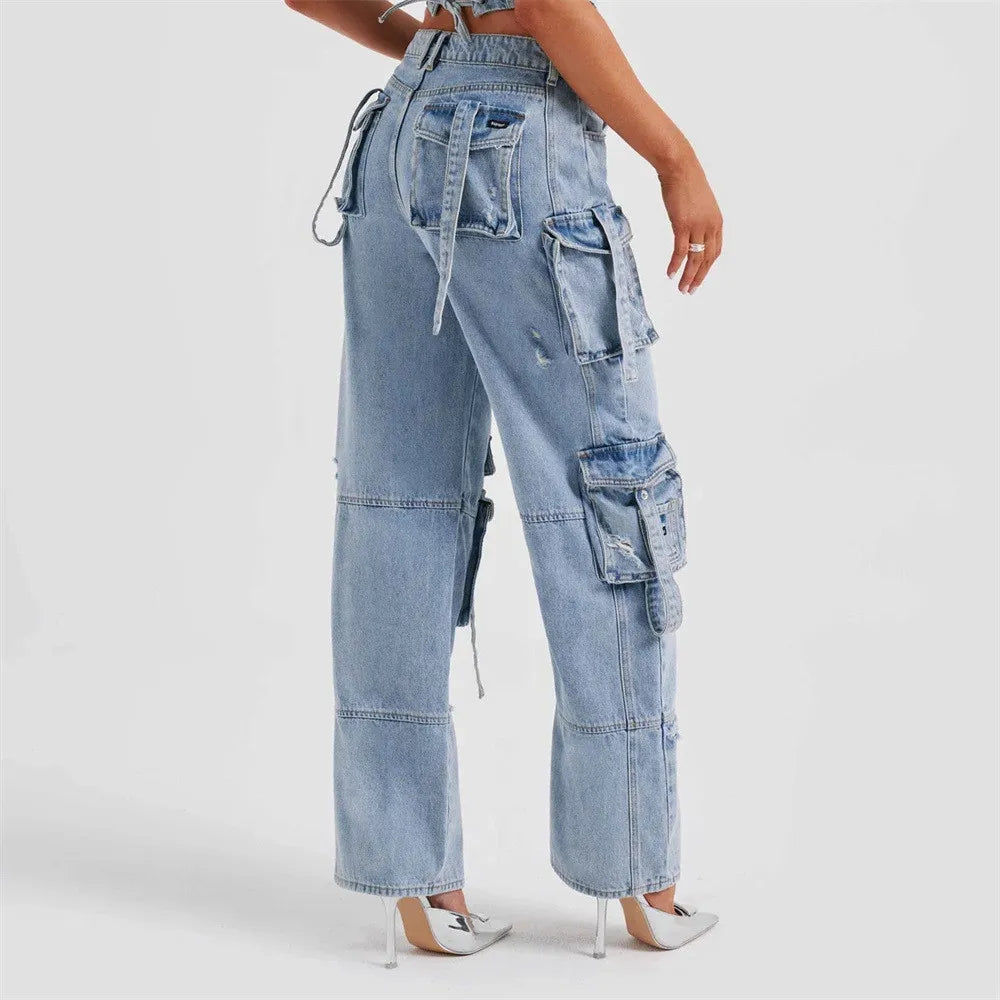 Women's Fashion Straight Multi-Pocket Cargo Jeans