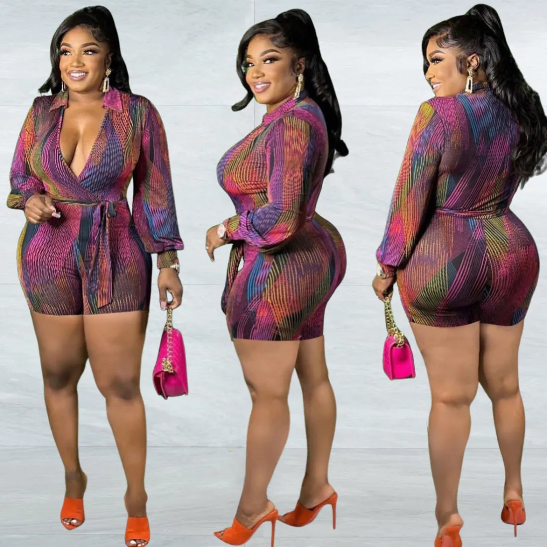 Women's Luxurious Deep V-Neck Multicolor Print Romper Shorts