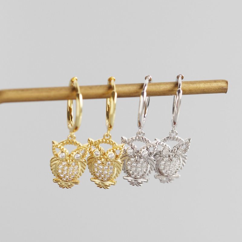 Owl 925 Sterling Silver and gold plated Hoop Earrings