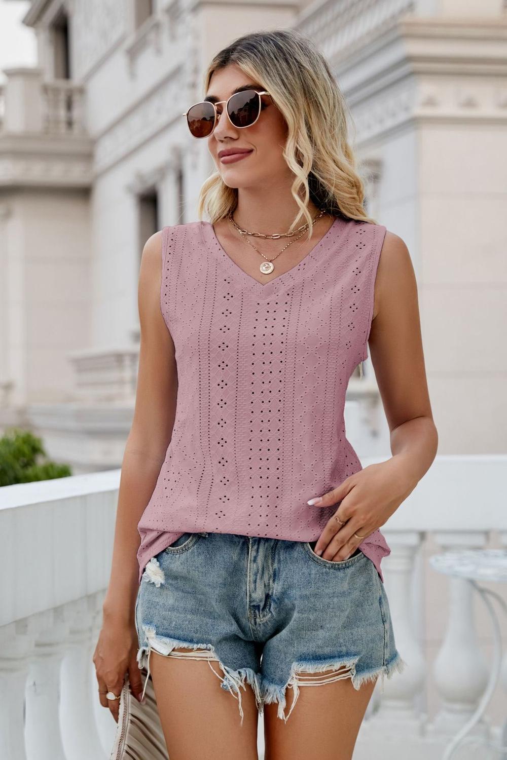 Ladies Sleeveless Eyelet V-Neck Tank