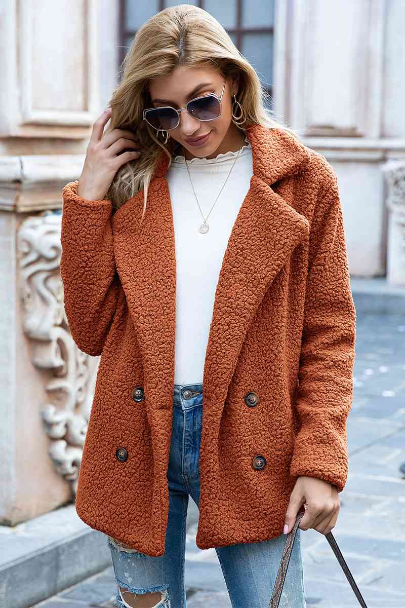 Model wearing Ochre Fashionable Women's Lapel Collar Sherpa Coat