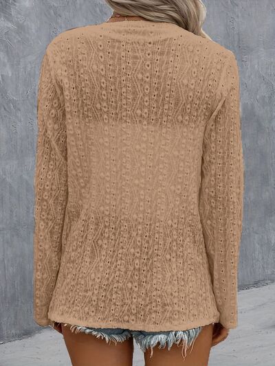 Back view of Model wearing a Camel Contemporary Ladies Eyelet Roll-Tab Sleeve Cardigan
