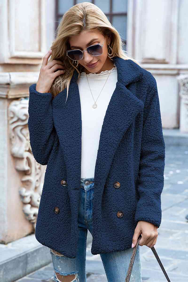 Model wearing Dark Navy Fashionable Women's Lapel Collar Sherpa Coat