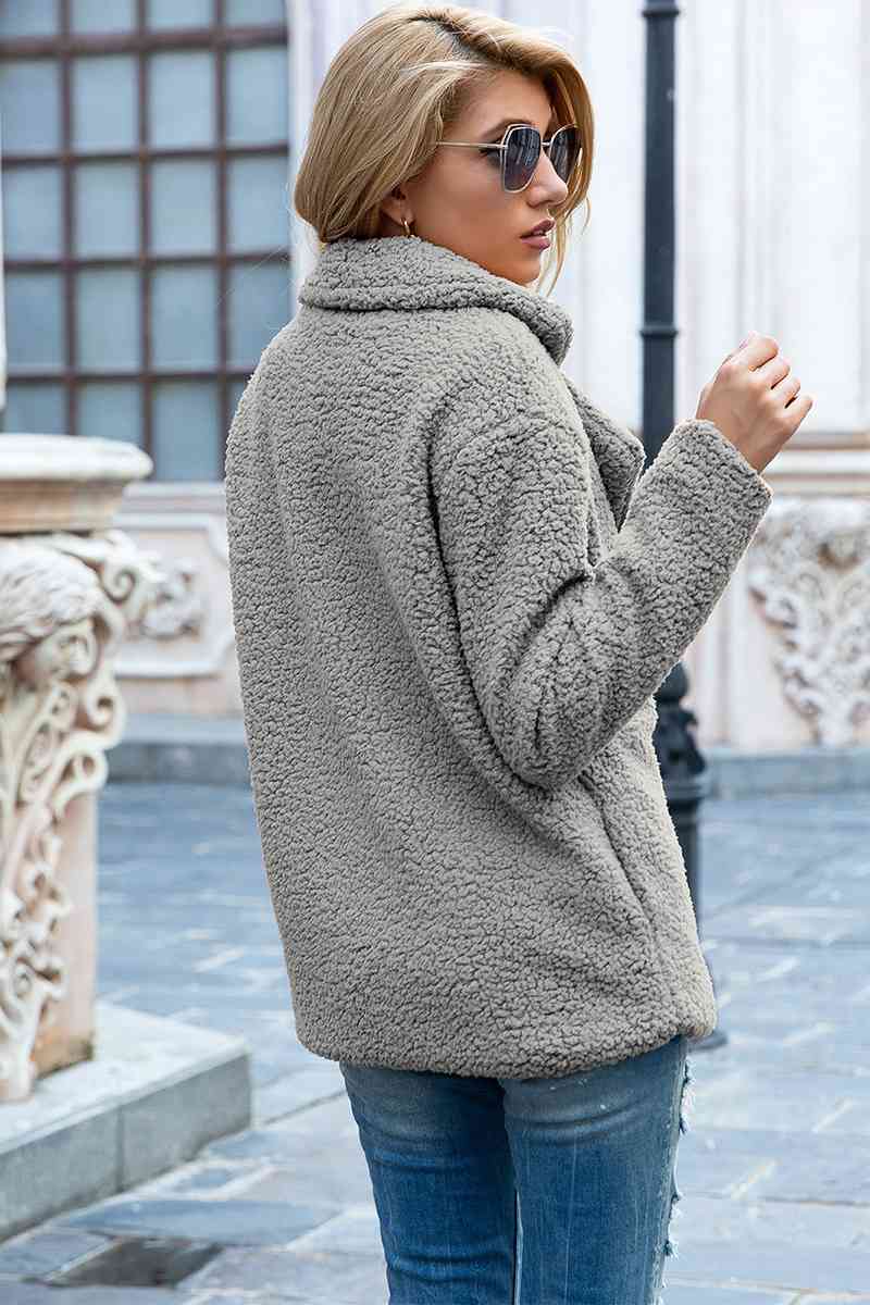Model wearing Light Gray Fashionable Women's Lapel Collar Sherpa Coat back view