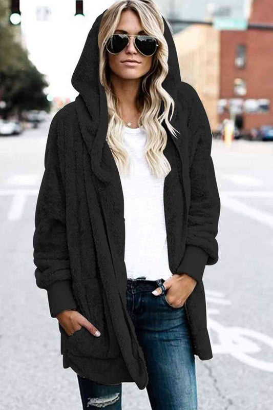 Model wearing a Black Ladies Luxuriously Soft Hooded Teddy Jacket