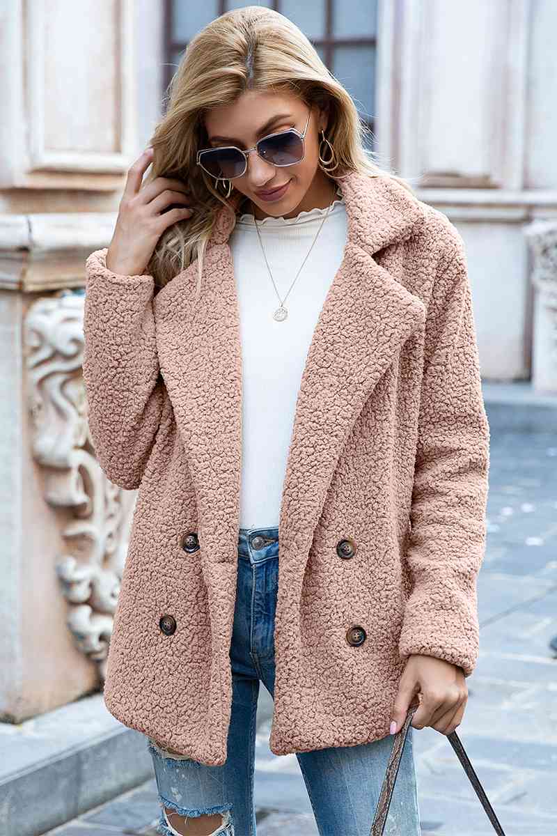 Model wearing Dusty Pink Fashionable Women's Lapel Collar Sherpa Coat
