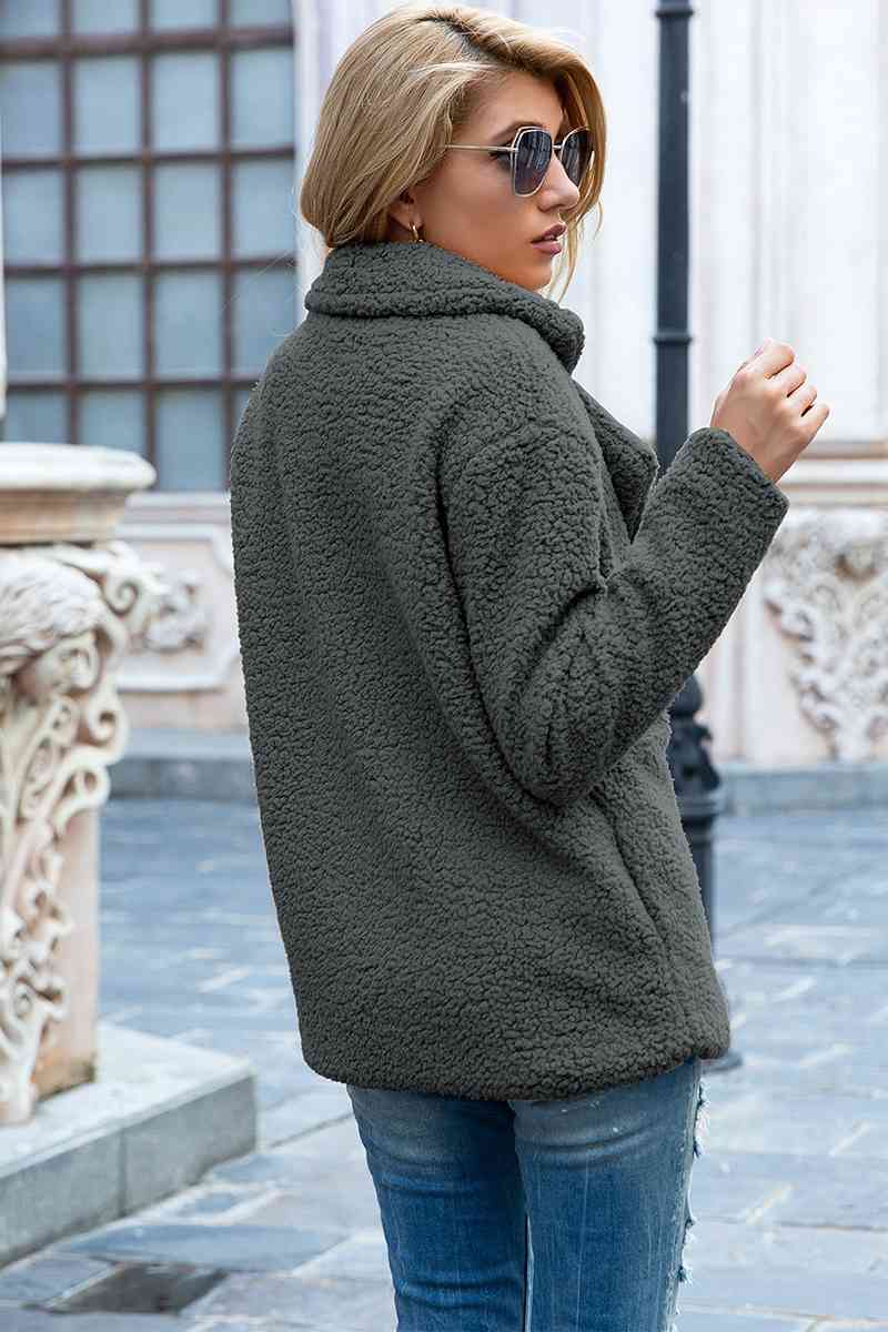 Model wearing Charcoal Fashionable Women's Lapel Collar Sherpa Coat back view