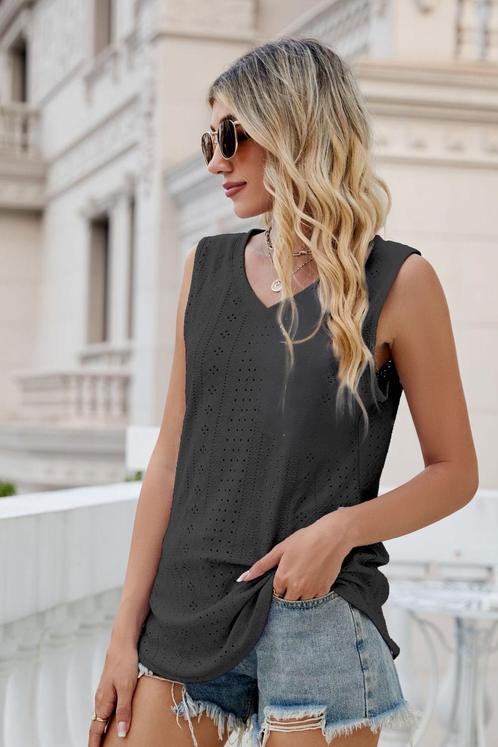 Ladies Sleeveless Eyelet V-Neck Tank